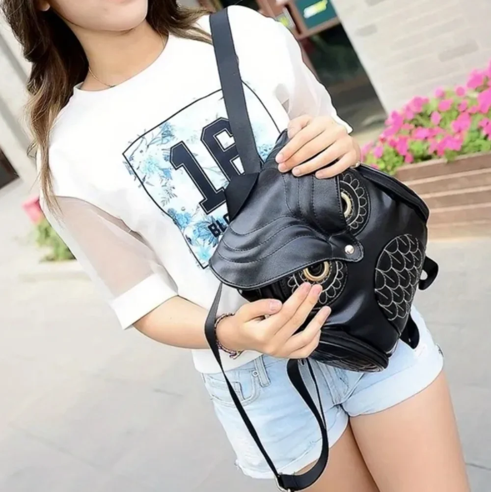 Black Owl-Design Faux Leather Unisex Backpack
